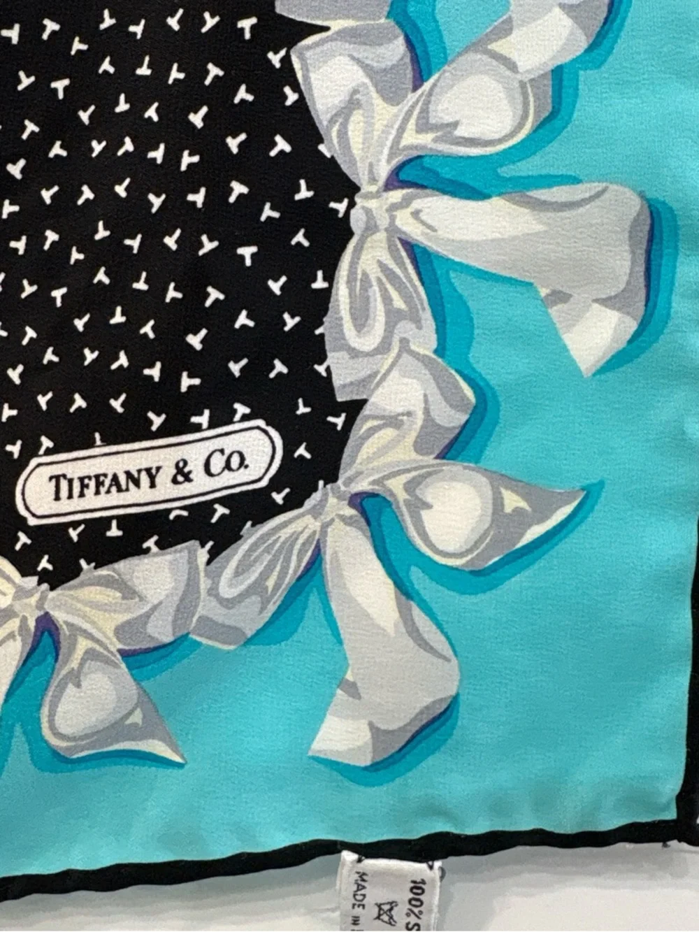 Tiffany & Co. Black and Blue Silk Square Scarf with Bows